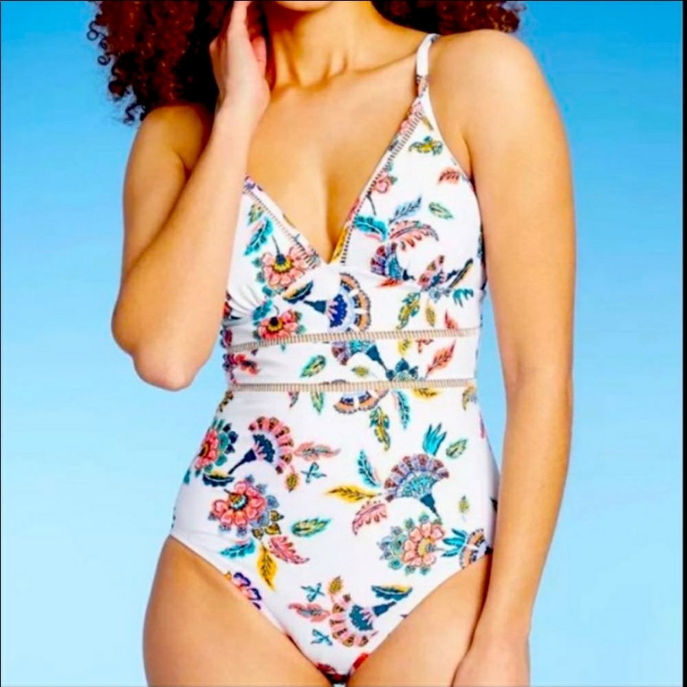 Kona Sol One Piece Swimsuit White Floral Bathing Suit size Small V Neck Boho